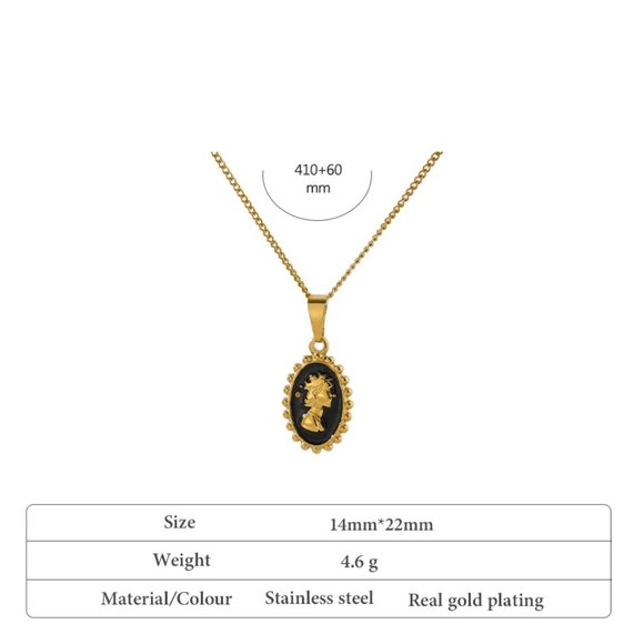 NEW 18K Gold Plated Queen Elizabeth Portrait Black Enamel Oval Pendant Necklace - Picture 5 of 8
